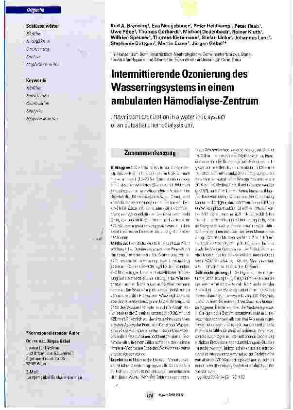 Vorschauseite 1: Intermittierende Ozonierung des Wasserringsystems in einem ambulanten Hämodialyse-Zentrum