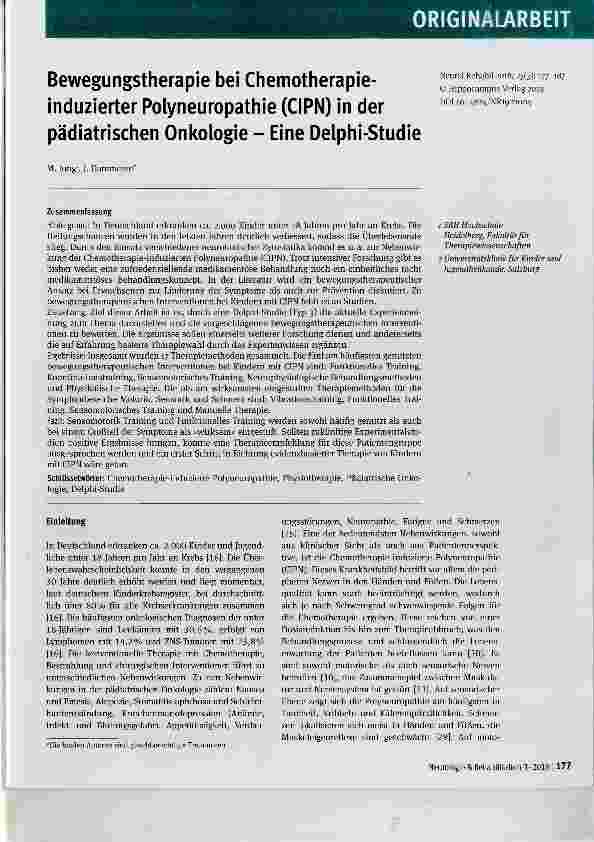 Vorschauseite 1: Bewegungstherapie bei Chemotherapieinduzierter Polyneuropathie (CIPN) in der pädiatrischen Onkologie - Eine Delphi-Studie
