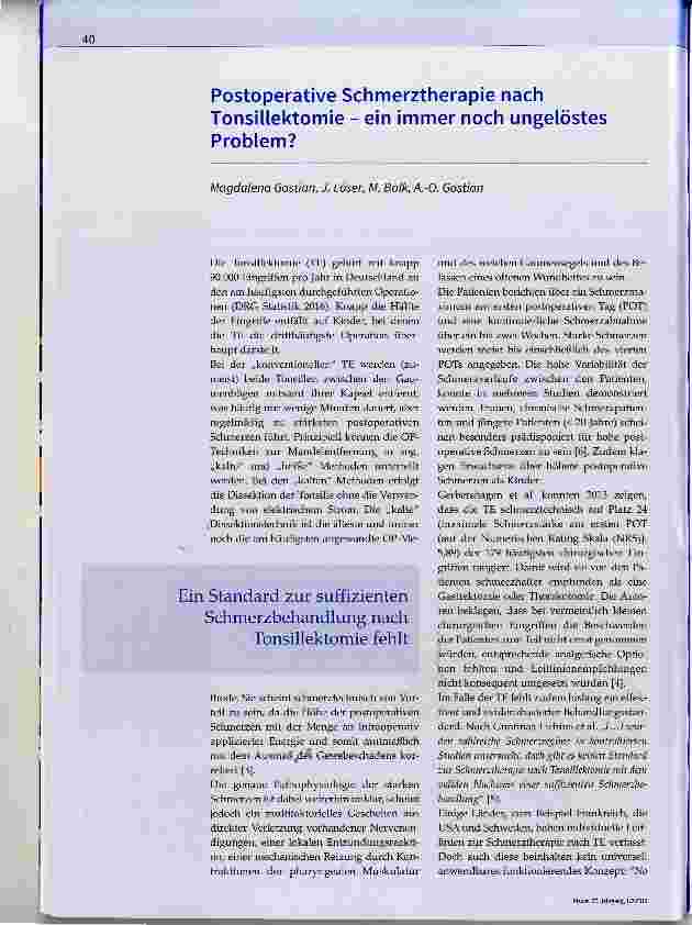 Vorschauseite 1: Postoperative Schmerztherapie nach Tonsillektomie ein immer noch ungelöstes Problem?