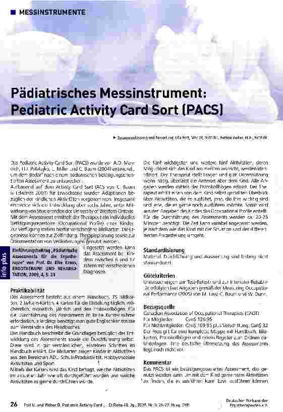 Vorschauseite 1: Pädiatrisches Messinstrument: Pediatric Activity Card Sort (PACS)