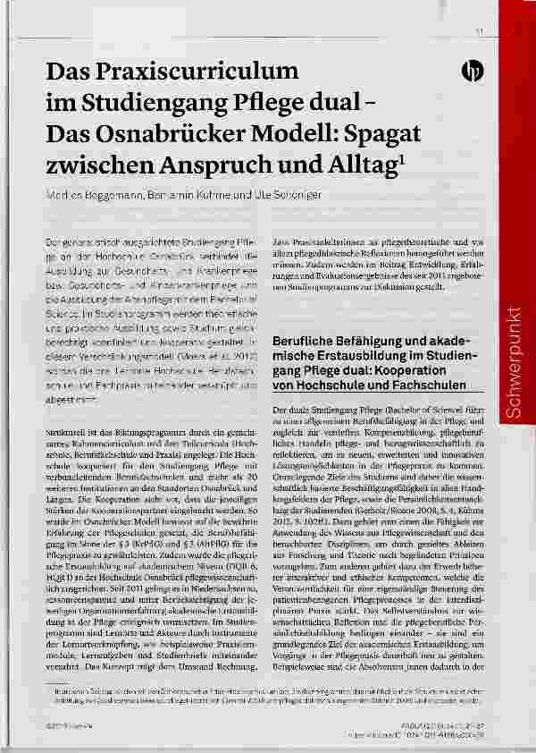 Vorschauseite 1: Das Praxiscurriculum im Studiengang Pflege dual Das Osnabrücker Modell: Spagat zwischen Anspruch und Alltag