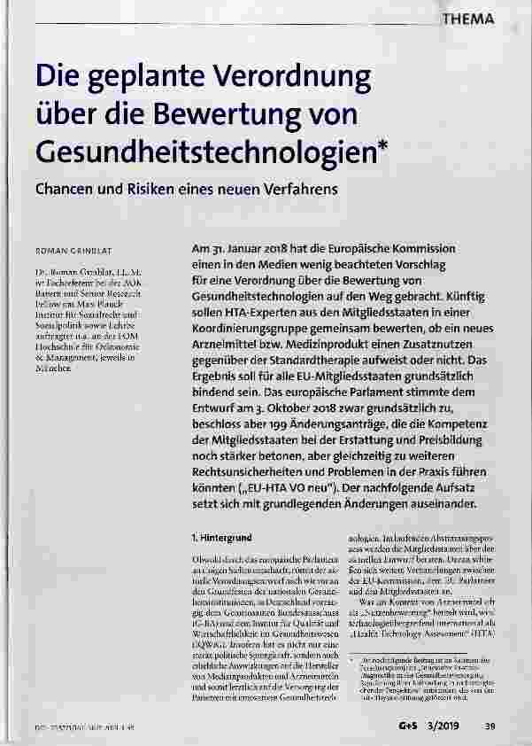 Vorschauseite 1: Die geplante Verordnung über die Bewertung von Gesundheitstechnologien