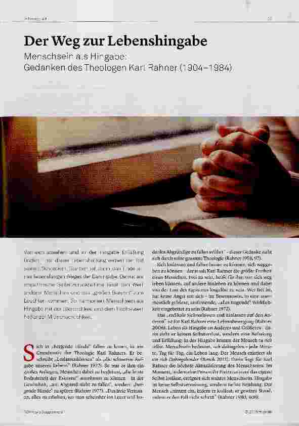 Vorschauseite 1: Der Weg zur Lebenshingabe Menschsein als Hingabe: Gedanken des Theologen Karl Rahner (1904-1984)