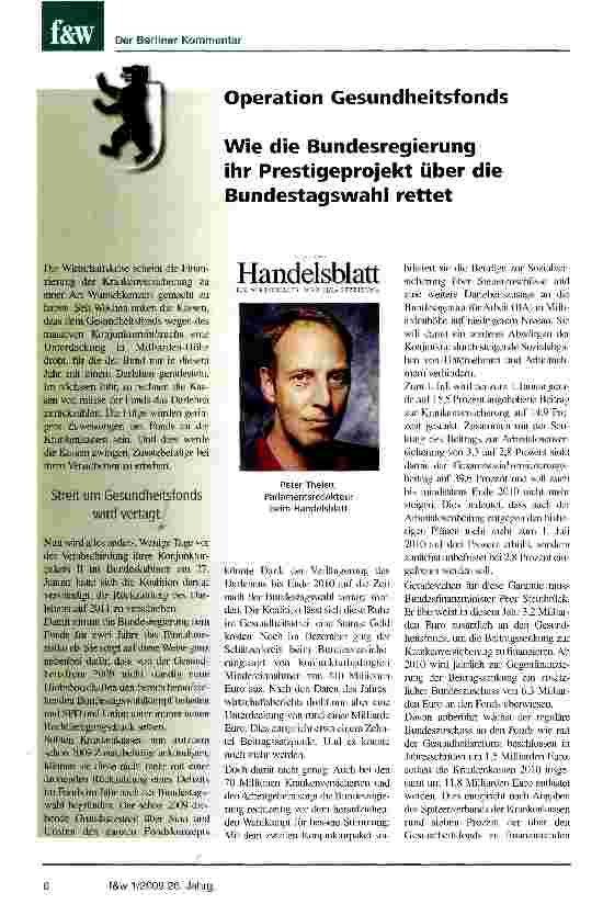 Vorschauseite 1: Operation GesundheitsfondsWie die Bundesregierung ihr Prestigeprojekt über die Bundestagswahl rettet