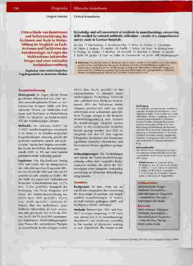 Vorschauseite 1: Unterschiede von Kenntnissen und Selbsteinschätzung der Ärztinnen und Ärzte in Weiterbildung im Vergleich zu Fachärztinnen und Fachärzten der Anästhesiologie zu Fragen der Multire…