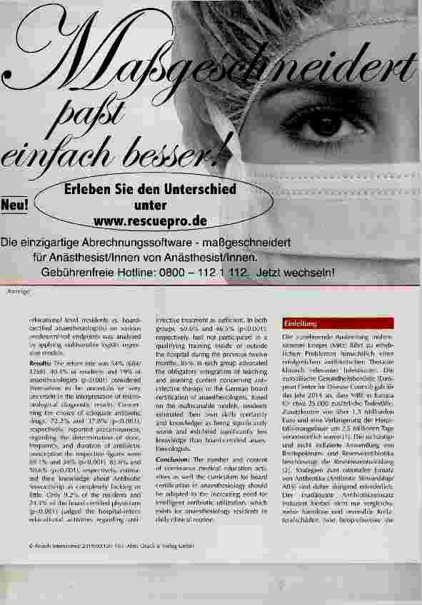 Vorschauseite 2: Unterschiede von Kenntnissen und Selbsteinschätzung der Ärztinnen und Ärzte in Weiterbildung im Vergleich zu Fachärztinnen und Fachärzten der Anästhesiologie zu Fragen der Multire…