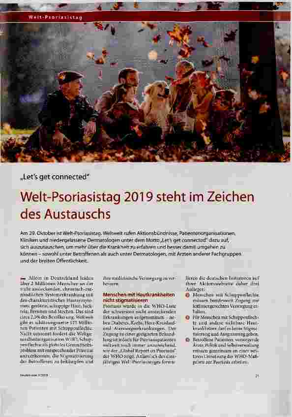Vorschauseite 1: Welt-Psoriasistag 2019 steht im Zeichen des Austauschs