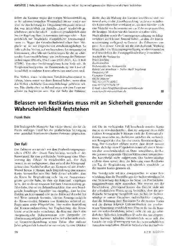 Vorschauseite 1: Belassen von Restkaries muss mit an Sicherheit grenzender Wahrscheinlichkeit feststehen