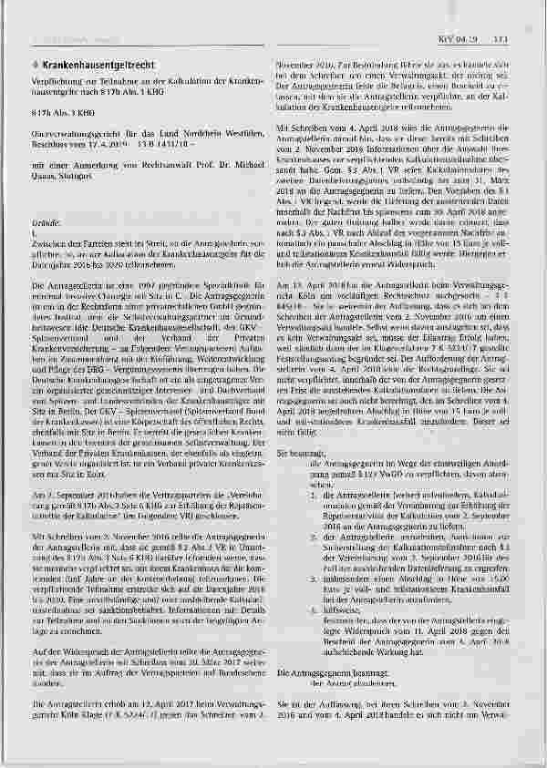 Vorschauseite 1: Krankenhausentgeltrecht Verpflichtung zur Teilnahme an der Kalkulation der Krankenhausentgelte nach § 17b Abs. 3 KHG§ 17b Abs. 3 KHG