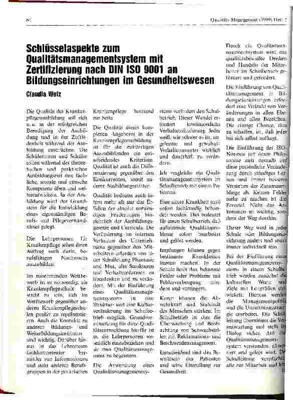 Vorschauseite 1: Schlüsselaspekte zum Qualitätsmanagement mit Zertifizierung nach DIN ISO 9001 an Bildungseinrichtungen im Gesundheitswesen