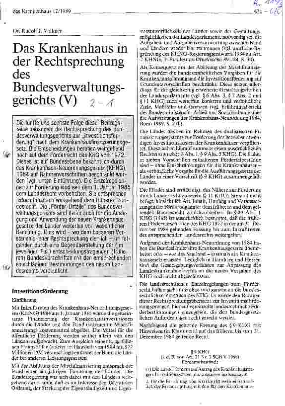 Vorschauseite 1: Das Krankenhaus in der Rechtsprechung des Bundesverwaltungsgerichtes (V)