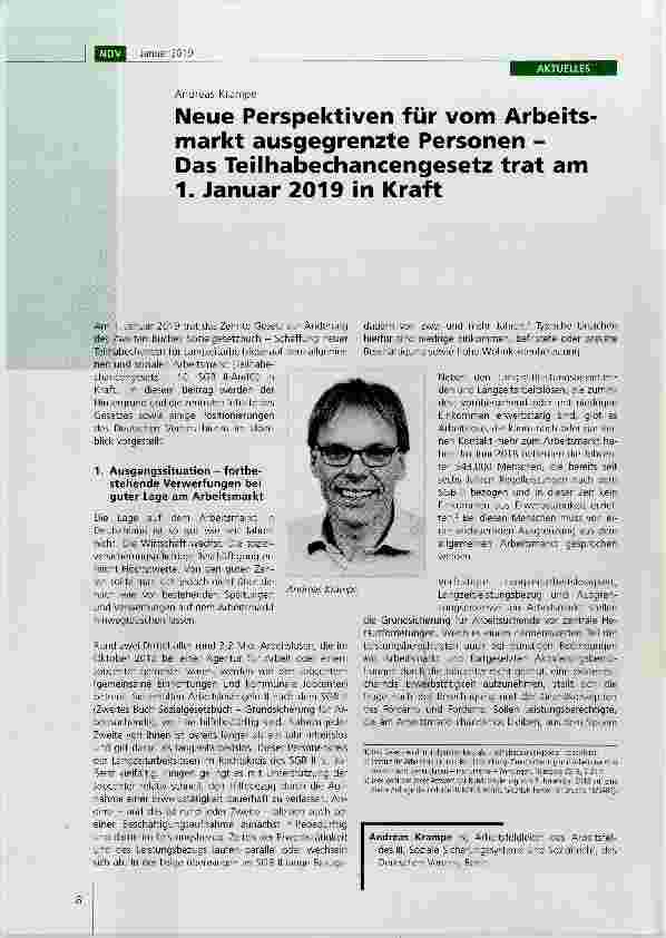 Vorschauseite 1: Neue Perspektiven für vom Arbeitsmarkt ausgegrenzte Personen Das Teilhabechancengesetz trat am 1. Januar 2019 in Kraft