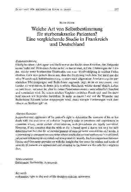 Vorschauseite 1: Welche Art von Selbstbestimmung für sterbenskranke Patienten? Eine vergleichende Studie in Frankreich und Deutschland