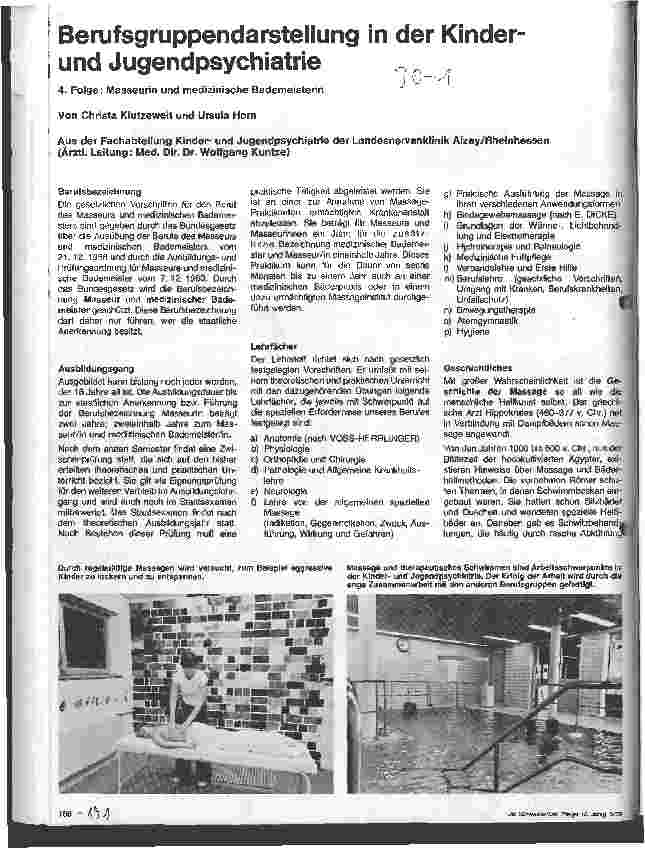 Vorschauseite 1: Berufsgruppendarstellung in der Kinderund Jugendpsychiatrie 4. Folge: Masseurin und medizinische Bademeisterin