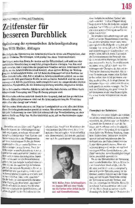 Vorschauseite 1: Arbeitszeitsysteme in Altenund Pflegeheimen: Zeitfenster f. besseren Durchblick 4// Optimierung der systematischen Arbeitszeitgestaltung