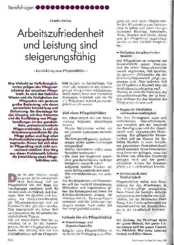 Vorschauseite 1: Arbeitszufriedenheit und Leistung sind steigerungsfähig Entwicklung eines Pflegeleitbildes
