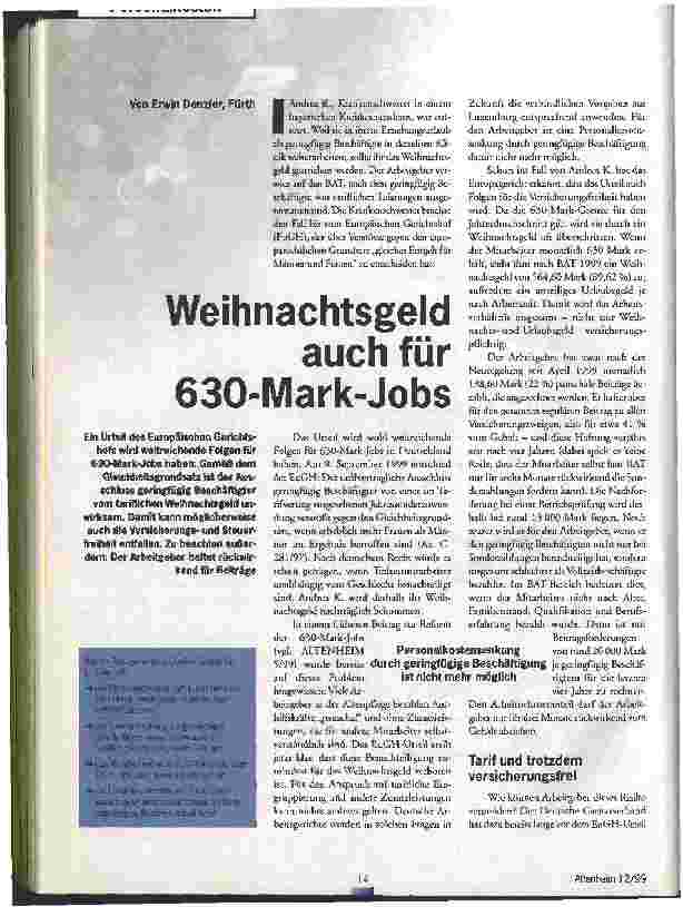 Vorschauseite 1: Weihnachtsgeld auch für 630-Mark-Jobs