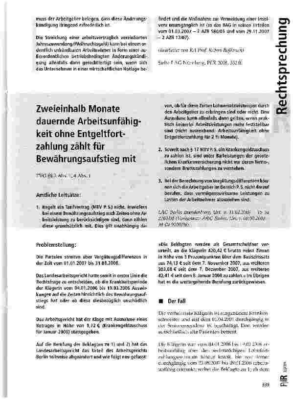Vorschauseite 1: Zweieinhalb Monate dauernde Arbeitsunfähigkeit ohne Entgeltfortzahlung zählt für Bewährungsaufstieg mit