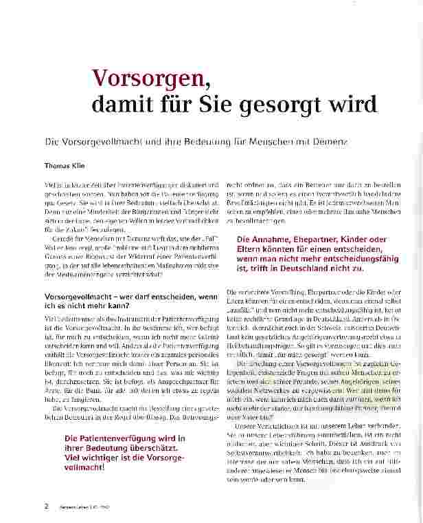 Vorschauseite 1: Vorsorgen, damit für Sie gesorgt wird