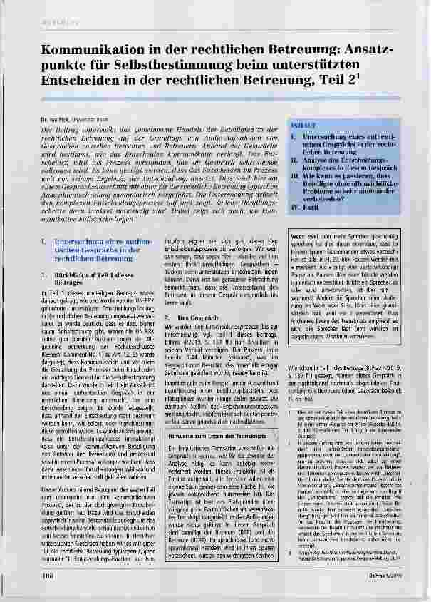 Vorschauseite 1: Kommunikation in der rechtlichen Betreuung: Ansatzpunkte für Selhsthestimmung heim unterstützten Entscheiden in der rechtlichen Betreuung, Teil 2
