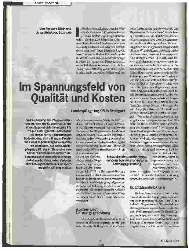 Vorschauseite 1: Im Spannungsfeld von Qualität und Kosten Landespflegetag 98 in Stuttgart