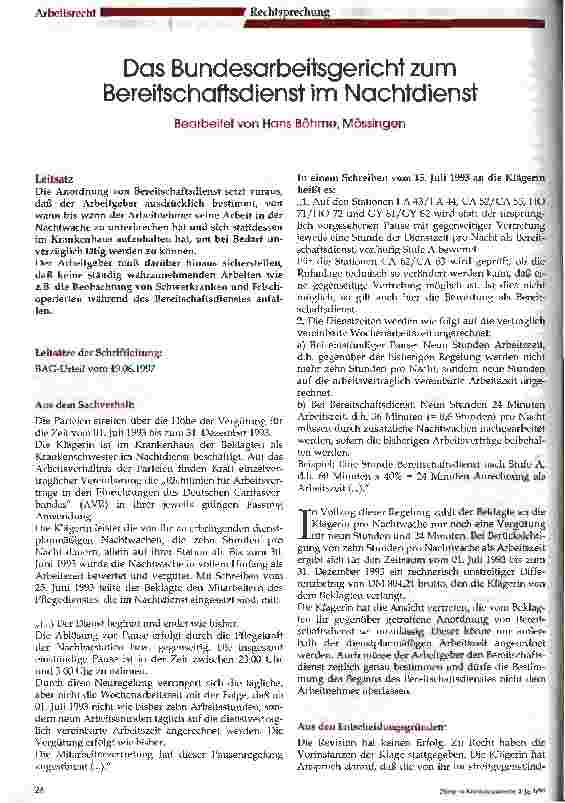 Vorschauseite 1: Das Bundesarbeitsgericht zum Bereitschaftsdienst im Nachtdienst