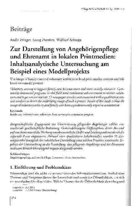 Vorschauseite 1: Zur Darstellung von Angehörigenpflege und Ehrenamt in lokalen Printmedien: Inhaltsanalytische Untersuchung am Beispiel eines Modellprojekts