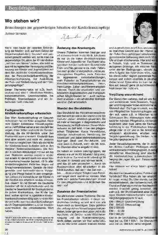 Vorschauseite 1: Wo stehen wir? Bemerkungen zur gegenwärtigen Situation der Kinderkrankenpflege