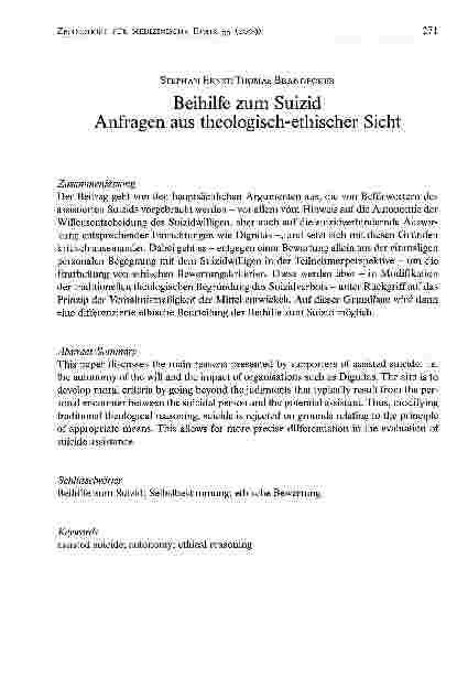 Vorschauseite 1: Beihilfe zum Suizid Anfragen aus theologisch-ethischer Sicht