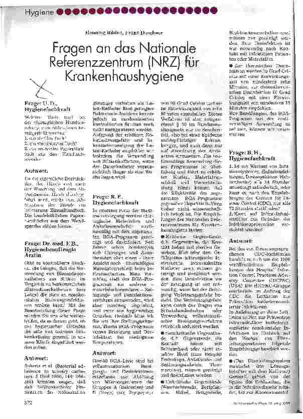 Vorschauseite 1: Fragen an das Nationale Referenzzentrum (NRZ) für Krankenhaushygiene