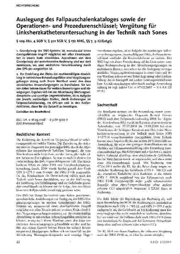 Vorschauseite 1: Auslegung des Fallpauschalenkataloges sowie der Operationenund Prozedurenschlüssel; Vergütung für Linksherzkatheteruntersuchung in der Technik nach Sones