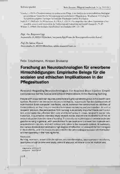 Vorschauseite 1: Forschung an Neurotechnologien für erworbene Hirnschädigungen: Empirische Beiege für die soziaien und ethischen impiikationen in der Pfiegesituation