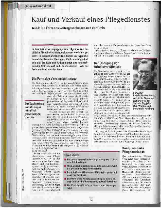 Vorschauseite 1: Kauf und Verkauf eines Pflegedienstes Teil 3: Die Form des Vertragsabschlusses und der Preis