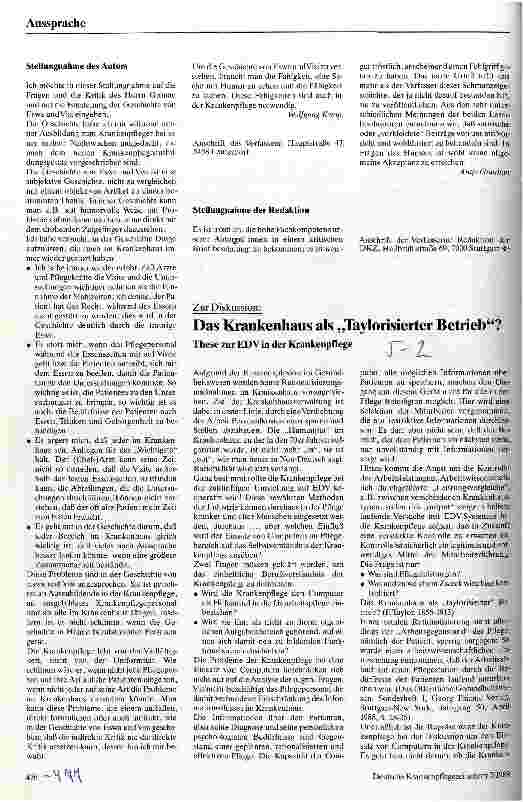 Vorschauseite 1: Das Krankenhaus als Taylorisierter Betrieb? These zur EDV in der Krankenpflege