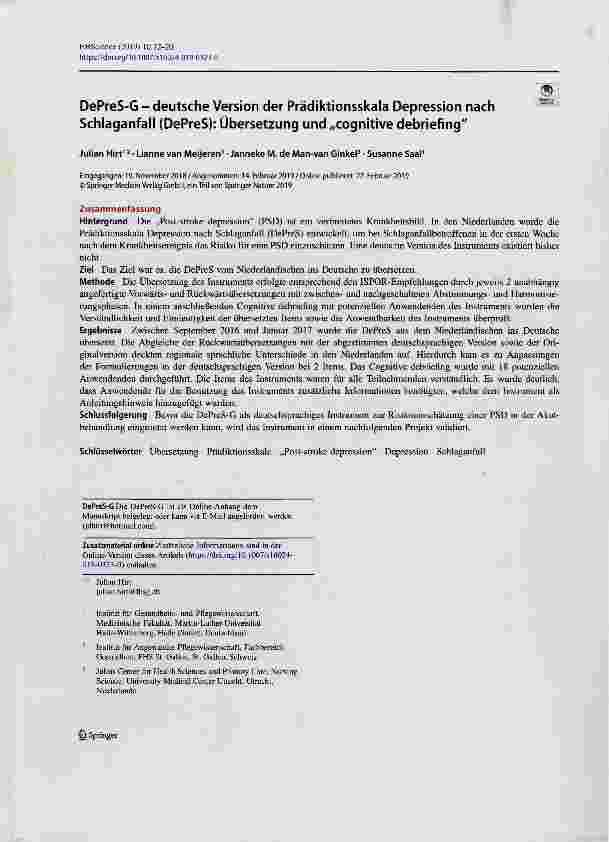 Vorschauseite 1: DePreS-G - deutsche Version der Prädiktionsskala Depression nach Schlaganfall (DePreS): Übersetzung und „cognitive debriefing