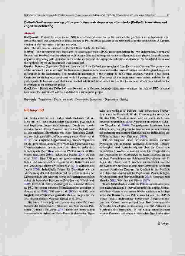 Vorschauseite 2: DePreS-G - deutsche Version der Prädiktionsskala Depression nach Schlaganfall (DePreS): Übersetzung und „cognitive debriefing