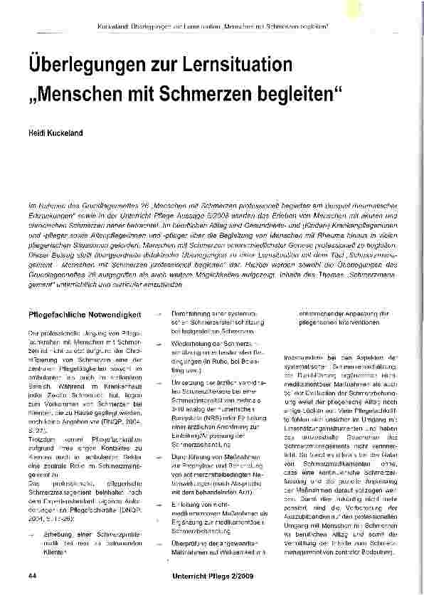 Vorschauseite 1: Überlegungen zur Lernsituation „Menschen mit Schmerzen begleiten