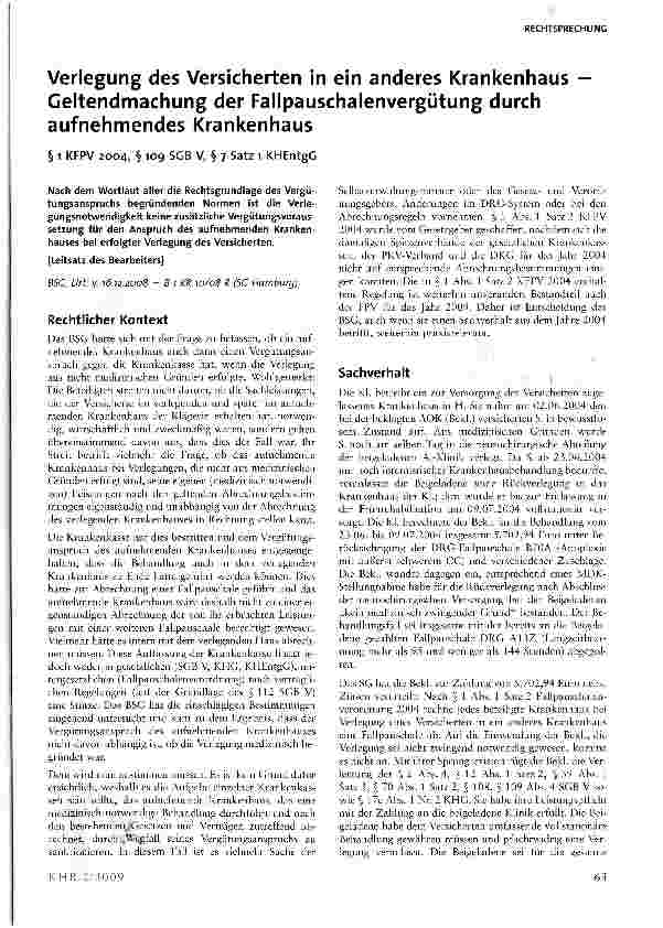 Vorschauseite 1: Verlegung des Versicherten in ein anderes Krankenhaus Geltendmachung der Fallpauschalenvergütung durch aufnehmendes Krankenhaus
