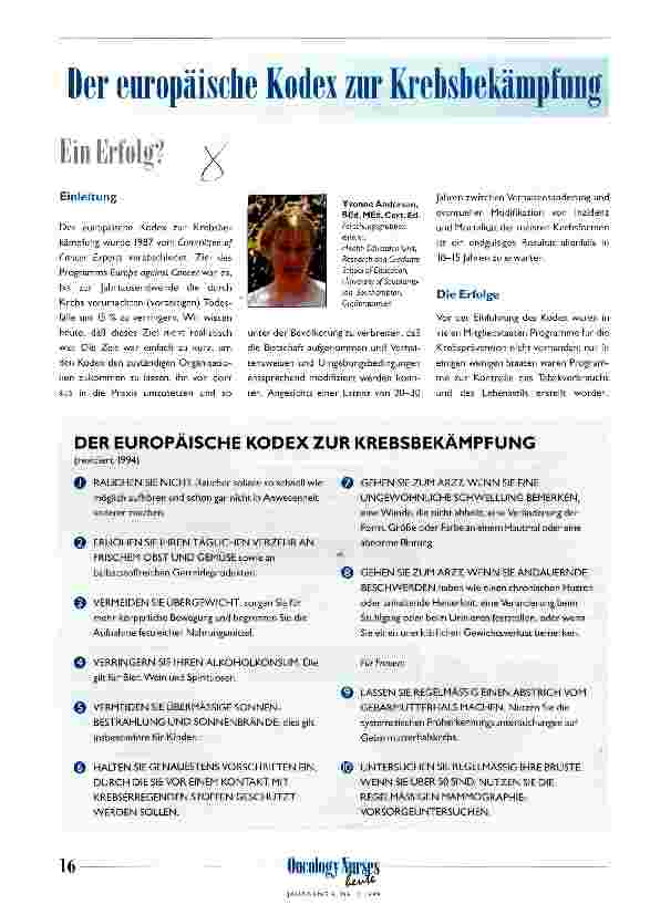 Vorschauseite 1: Der europäische Kodex zur Krebsbekämpfung Ein Erfolg?