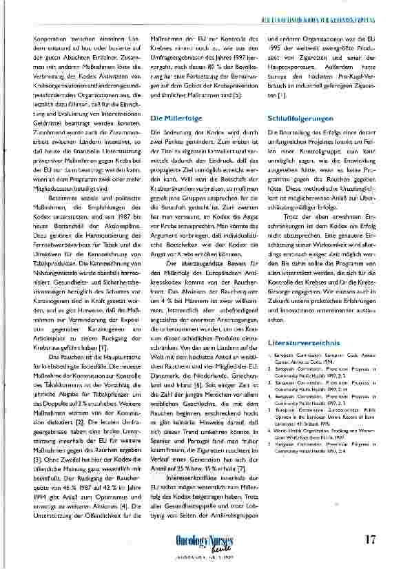 Vorschauseite 2: Der europäische Kodex zur Krebsbekämpfung Ein Erfolg?
