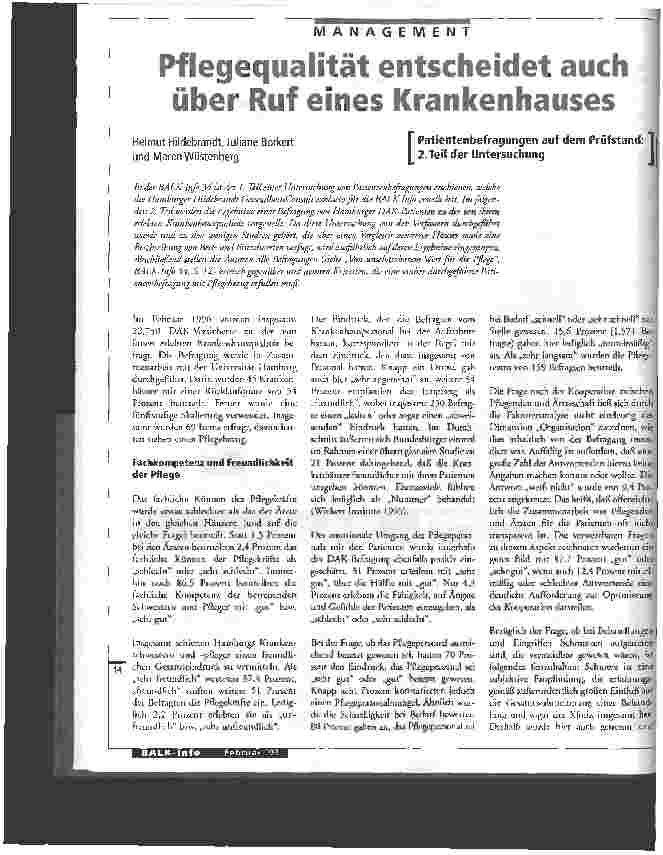 Vorschauseite 1: Pflegequalität entscheidet auch über Ruf eines Krankenhauses Patientenbefragungen auf dem Prüfstand 2. Teil der Untersuchung