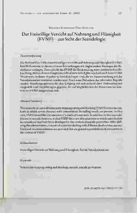 Vorschauseite 1: Der Freiwillige Verzicht auf Nahrung und Flüssigkeit (FVNF) aus Sicht der Suizidologie