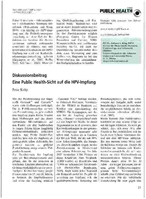 Vorschauseite 1: DiskussionsbeitragEine Public Health-Sicht auf die HPV-lmpfung