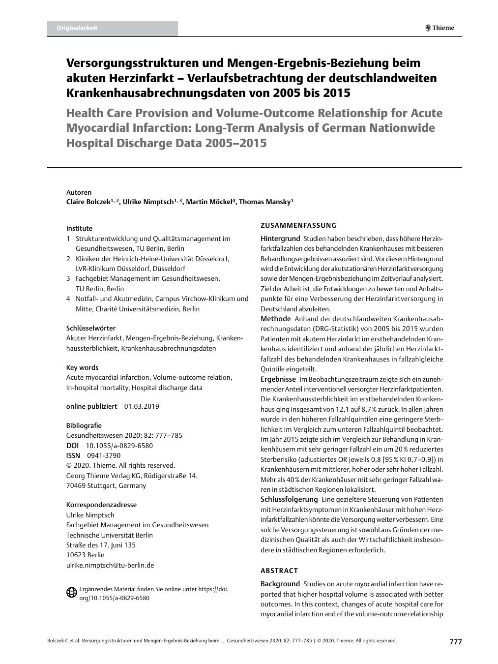 Vorschauseite 1: Versorgungsstrukturen und Mengen-Ergebnis-Beziehung beim akuten Herzinfarkt ? Verlaufsbetrachtung der deutschlandweiten Krankenhausabrechnungsdaten von 2005 bis 2015