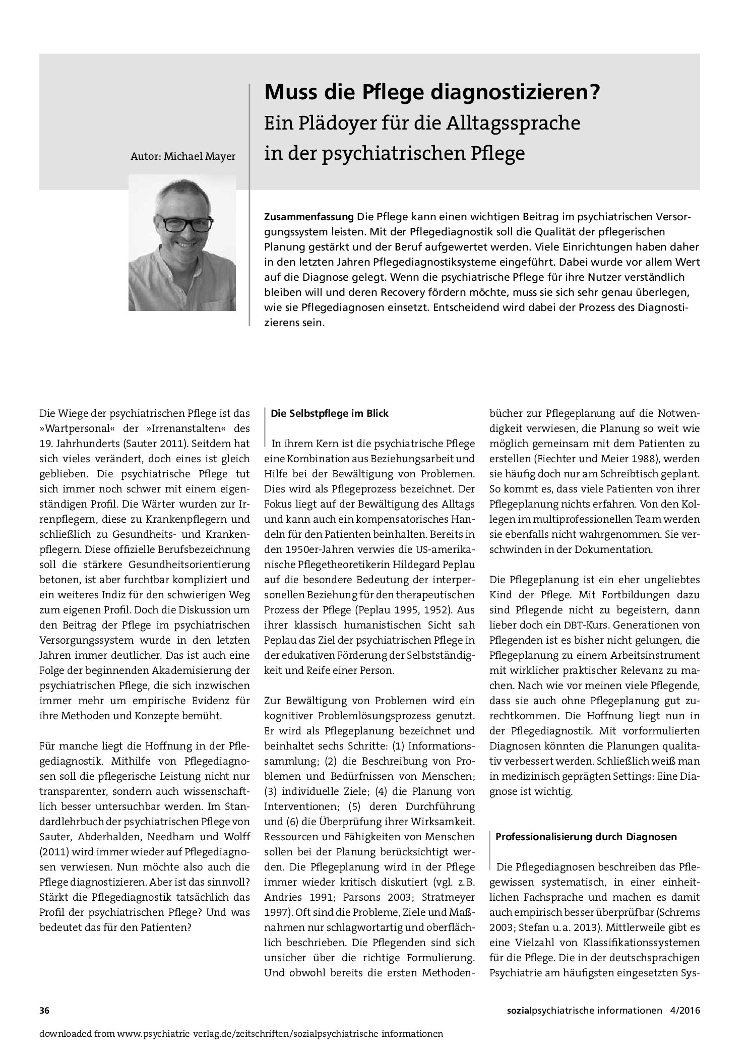 Vorschauseite 1: Muss die Pflege diagnostizieren? Ein Plädoyer für die Alltagssprache in der psychiatrischen Pflege