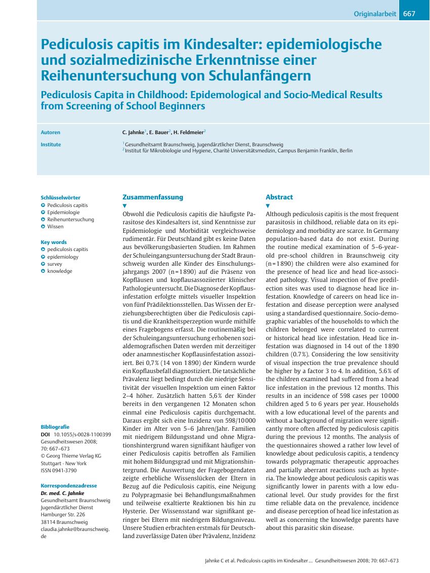 Vorschauseite 1: Pediculosis capitis im Kindesalter: epidemiologische und sozialmedizinische Erkenntnisse einer Reihenuntersuchung von Schulanfängern