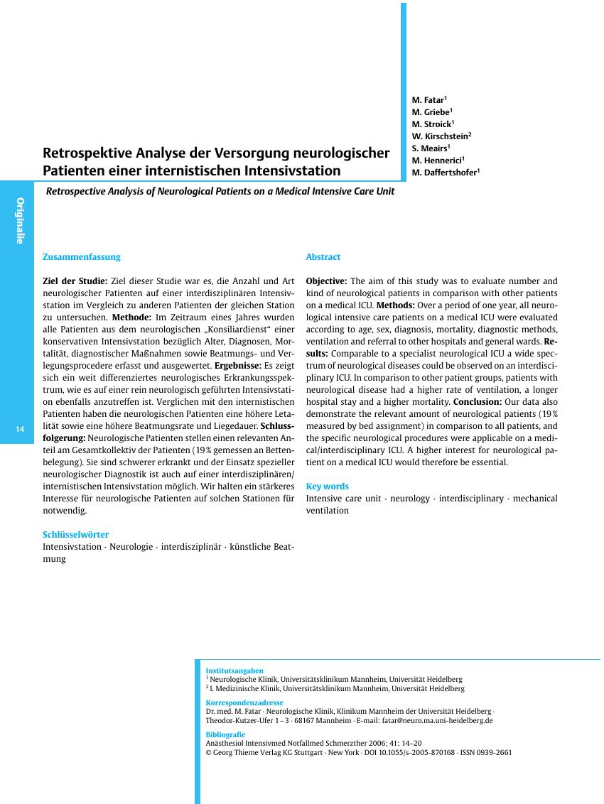 Vorschauseite 1: Retrospektive Analyse der Versorgung neurologischer Patienten einer internistischen Intensivstation