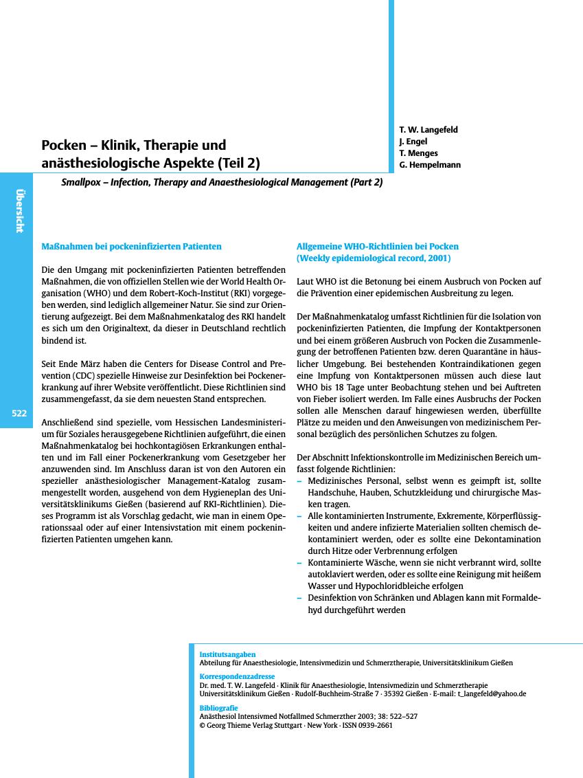Vorschauseite 1: Pocken - Klinik, Therapie und anästhesiologische Aspekte (Teil 2)