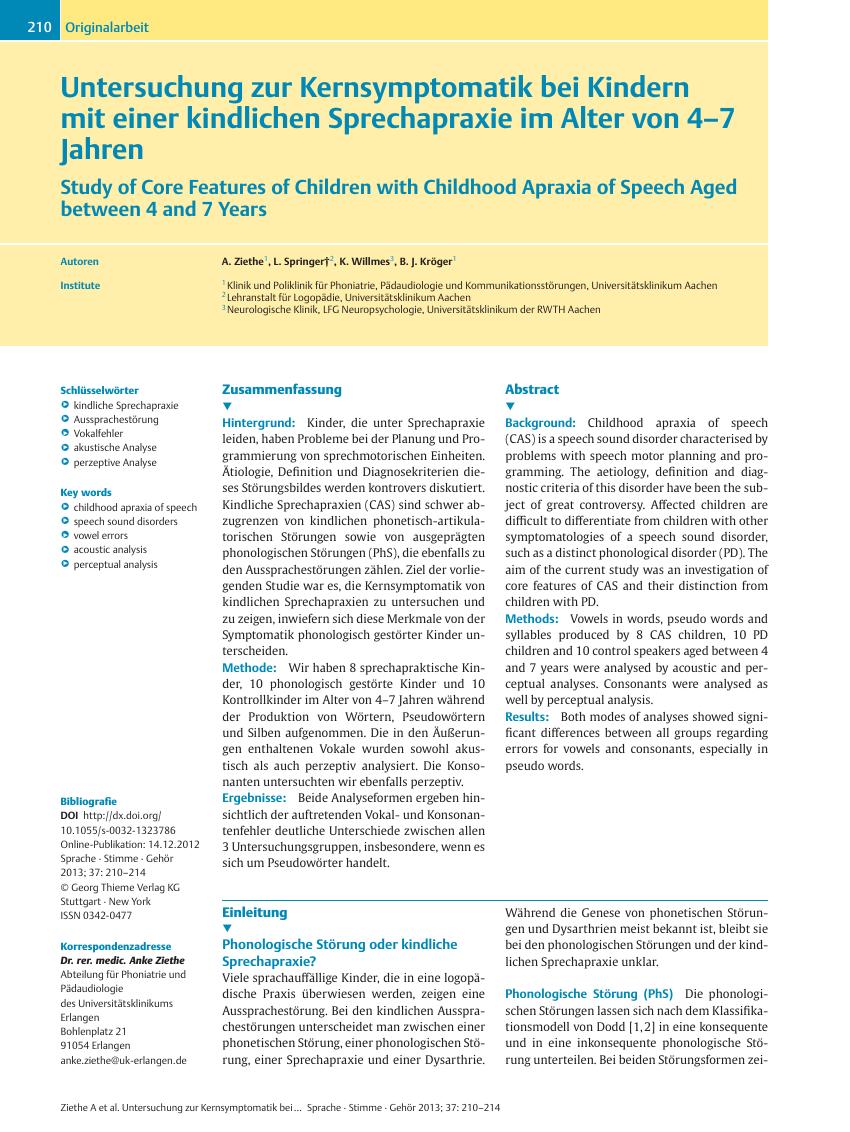 Vorschauseite 1: Untersuchung zur Kernsymptomatik bei Kindern mit einer kindlichen Sprechapraxie im Alter von 4 – 7 Jahren