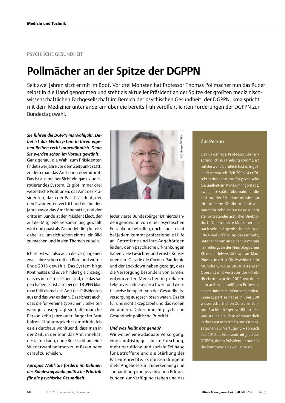Vorschauseite 1: Psychische Gesundheit: Pollmächer an der Spitze der DGPPN